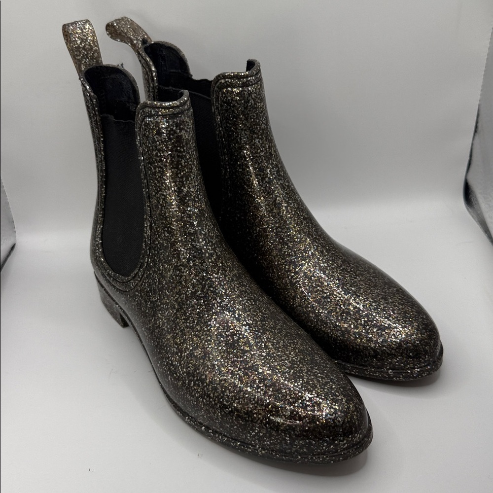Report Glittery Multi Colored, Gold Fleck, Black Chelsea Rain Boots Size 37|6.5
